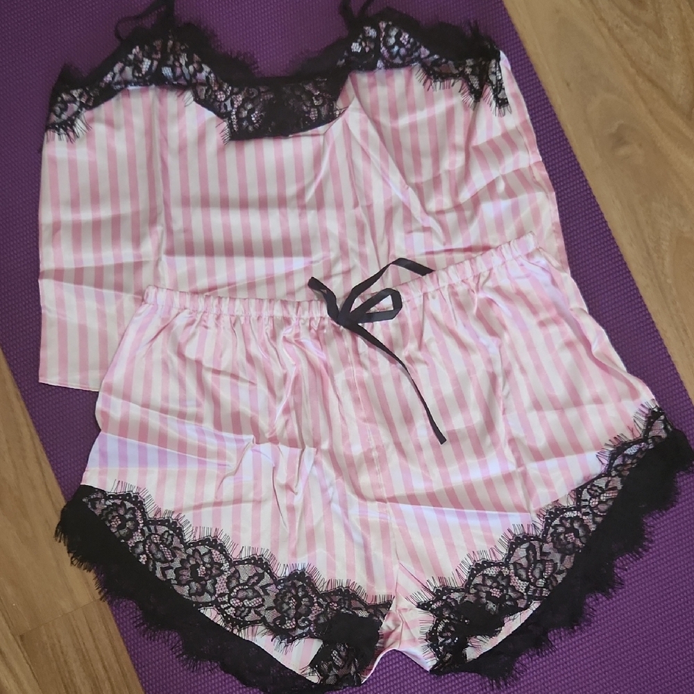 Pink and Black Lace Trim Sleepwear Set